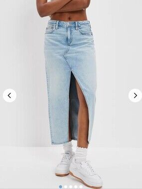 American Eagle Outfitters Light Blue Denim Maxi Skirt with Front Slit
